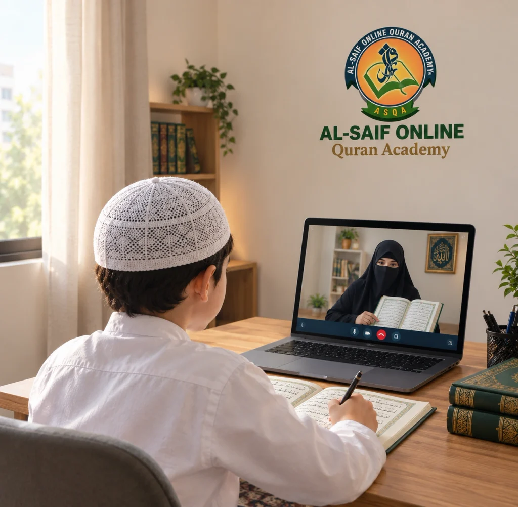 Young Muslim boy learning Quran online with a female tutor on a laptop.