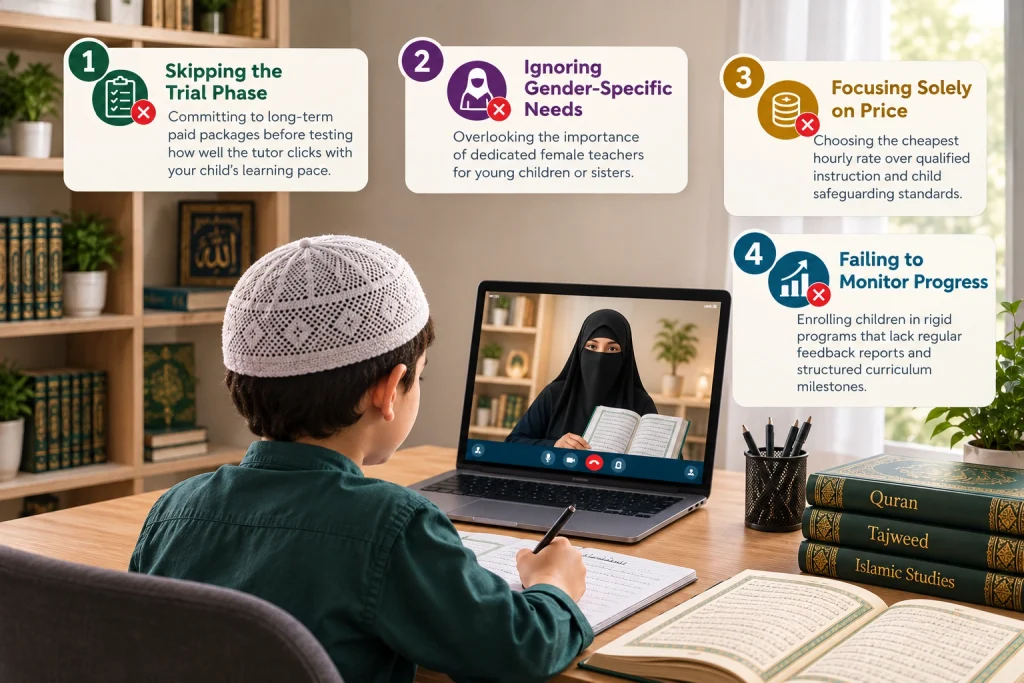 Muslim boy learning Quran online with a female tutor, illustrating four common tutor-hiring mistakes.