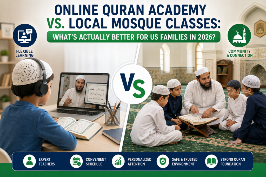 Online Quran academy vs local mosque classes, showing a child learning Quran online and children studying with a teacher at a mosque