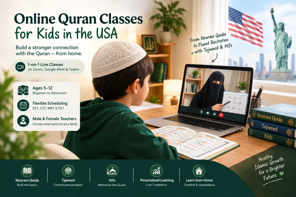 Muslim boy learning Quran online from  a muslim female teacher on a laptop with noorani qaida 