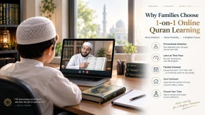 online quran classes for kids in usa showing 1-on-1 live lesson with tutor on laptop