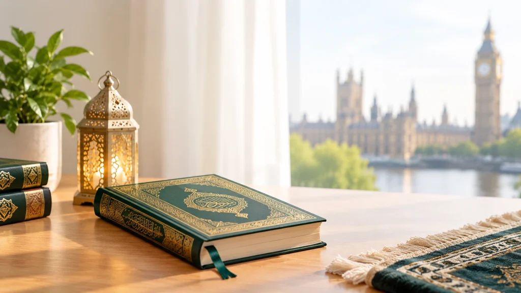 Open Quran with Islamic lantern and prayer rug overlooking London.