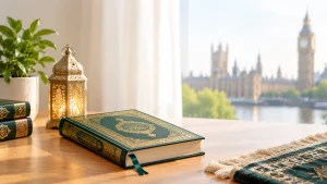 Open Quran with Islamic lantern and prayer rug overlooking London.