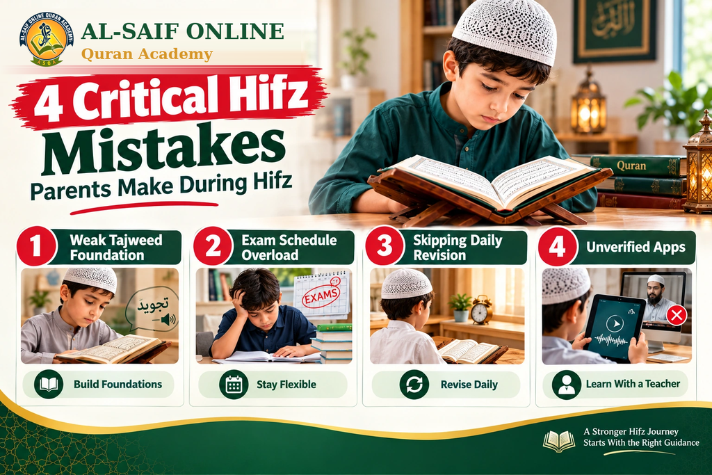 4 critical Hifz mistakes parents should avoid: weak Tajweed, exam overload, skipped daily revision, and unverified Quran apps.