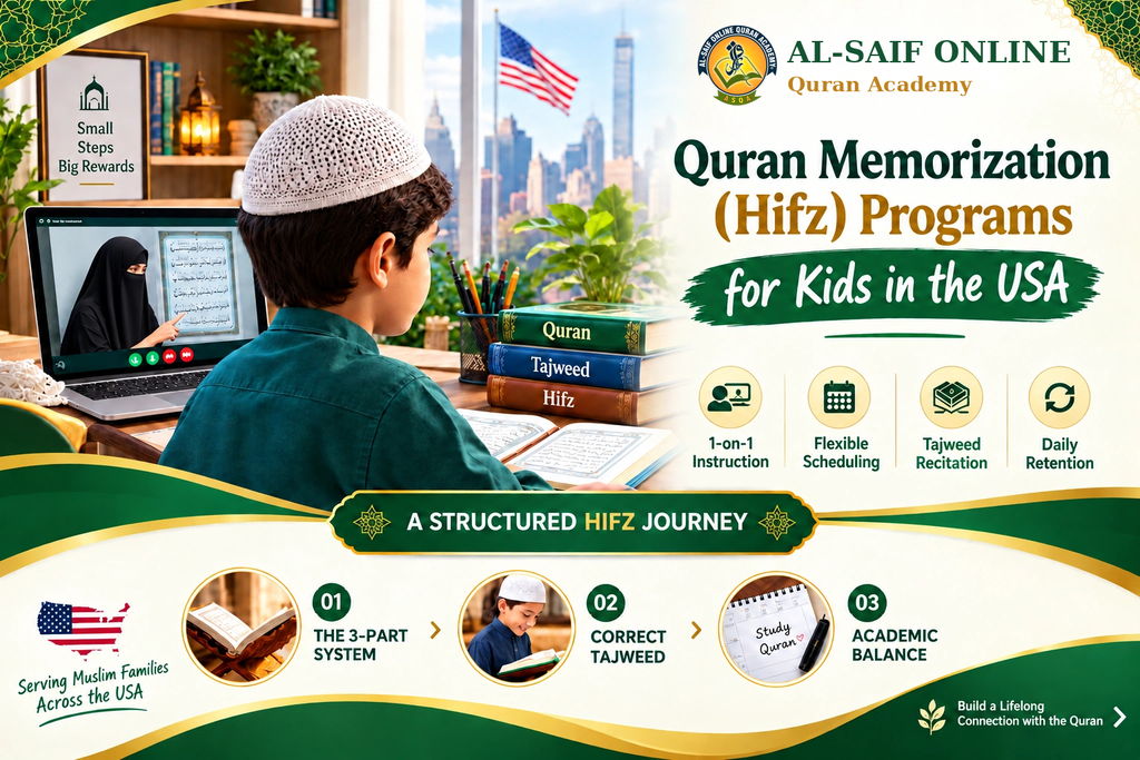 Quran memorization (Hifz) program for kids in the USA with 1-on-1 online instruction, Tajweed, and flexible scheduling.