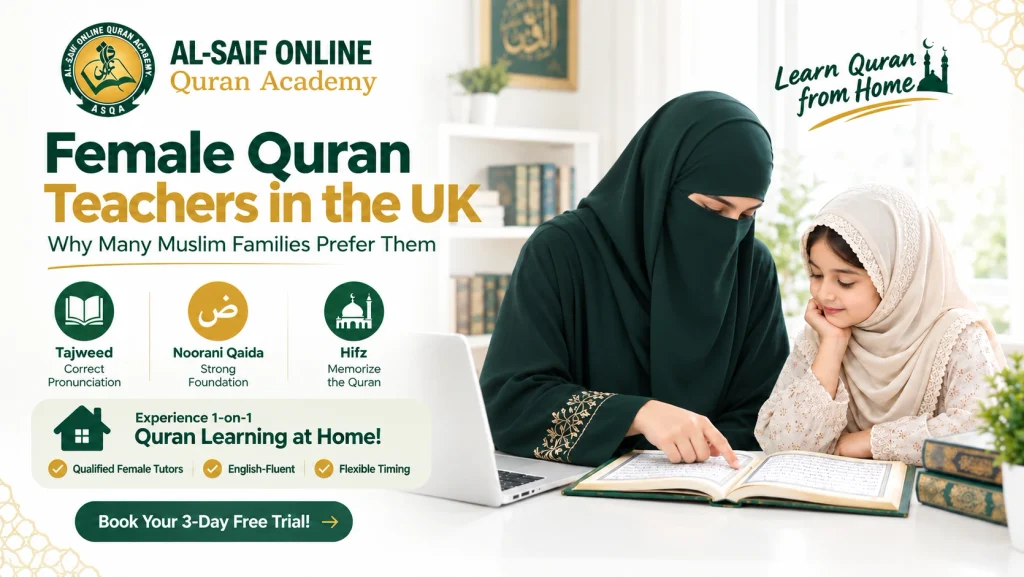 Female Quran teacher guiding a young girl in Quran learning at home in the UK.