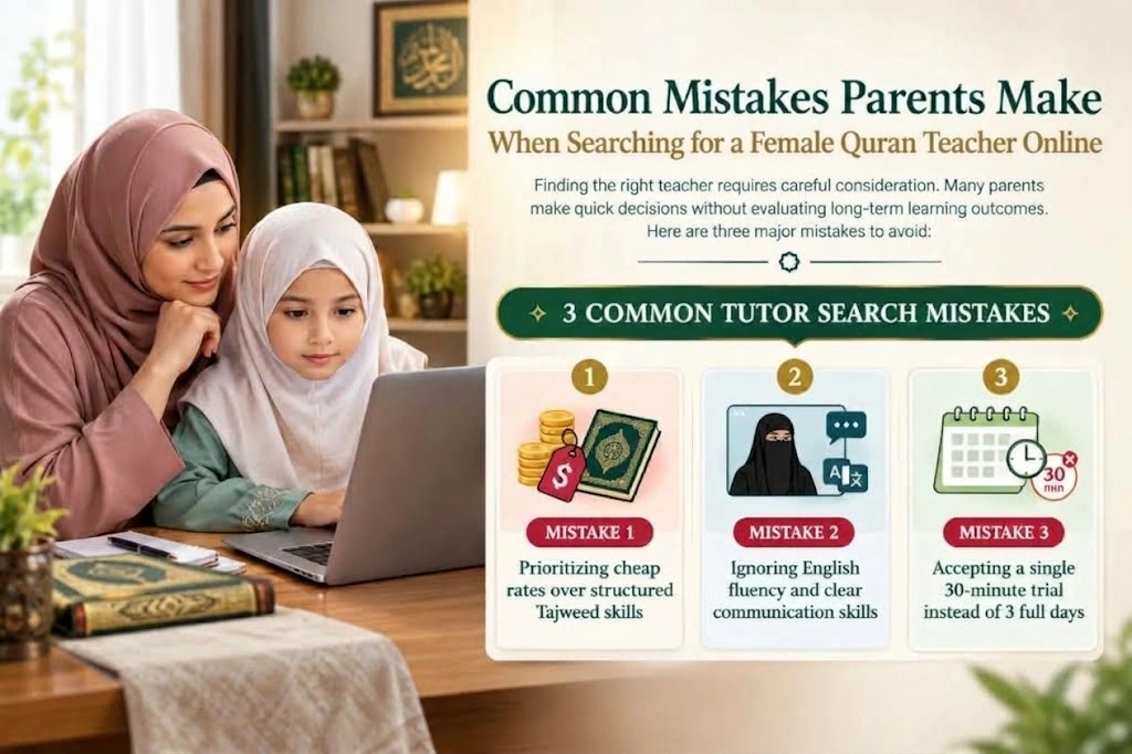 Female Quran teacher search mistakes infographic for parents seeking online Quran tutors.