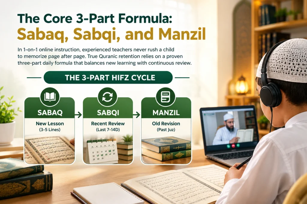 3-part Hifz cycle showing Sabaq, Sabqi, and Manzil Quran memorization review.
