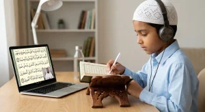 Child learning Quran online with a digital tutor and open Quran