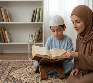 Muslim mother teaching her son Quran recitation at home using a wooden Quran stand.